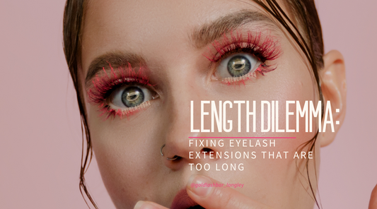 A picture shows a girl with pin huge false eyelashes with captions: Length dilenma: fixing eyelash extensions that are too long.